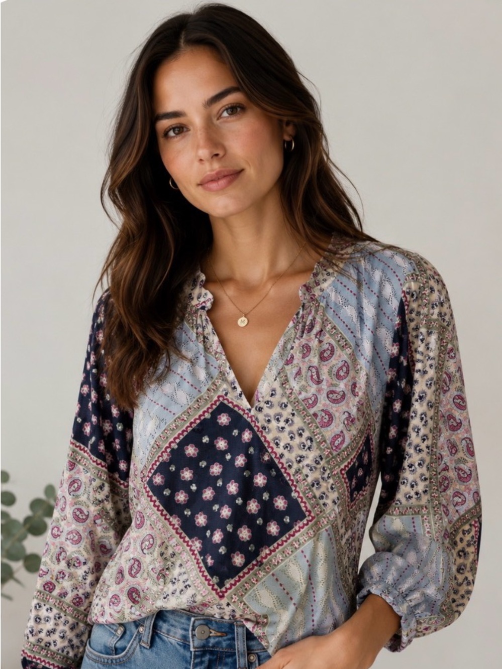LOFT Patchwork Paisley Blouse in Navy, Pink, Cream